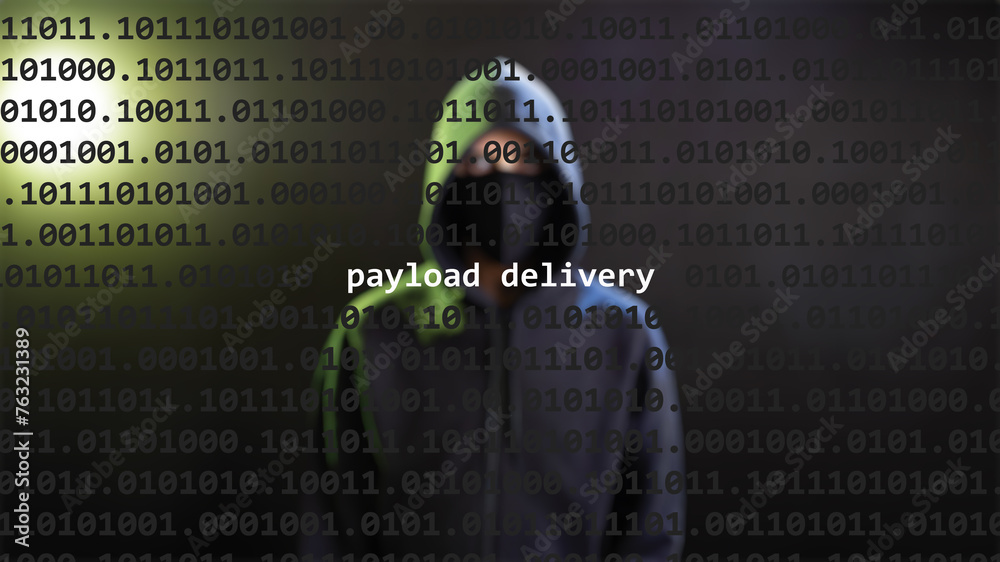 Cyber attack payload delivery text in foreground screen, anonymous hacker hidden with hoodie in the blurred background. Vulnerability text in binary system code on editor program. - obrazy, fototapety, plakaty 