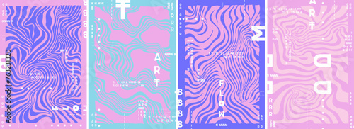 4 pastel-colored vertical banners in a vector, minimalistic style, using simple shapes, fluid lines, wavy patterns, lines, and waves in pink, blue, and purple colors. © Mirror Flow
