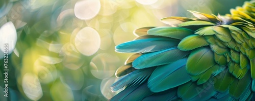Close-up of colorful bird feathers with sunlight