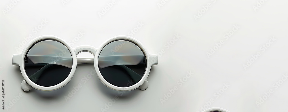A pair of sunglasses with a black frame and a white lens. round white sunglasses, no background, close-up - obrazy, fototapety, plakaty 