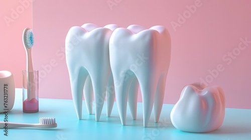 Healthy teeth and dental hygiene tools on a colorful background