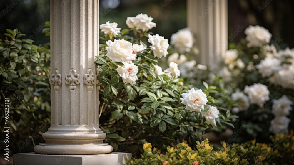 Obraz premium Serene garden centered by Doric column beauty in hedges and blooms