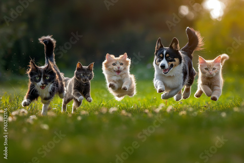 A fun group of dogs and cats playing, A cute funny group of dogs and cats running towards the