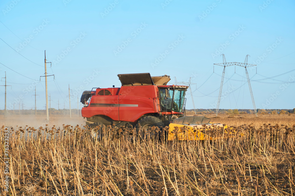 Fototapeta premium The harvester harvests sunflower seeds. Agriculture and agro-industrial complex