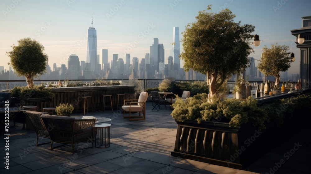 Fototapeta premium Rooftop bar in 1920s style plush seating and panoramic city views