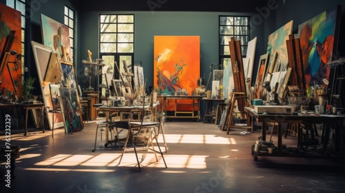 Art studio infused with 1920s jazz artists creating vibrant works