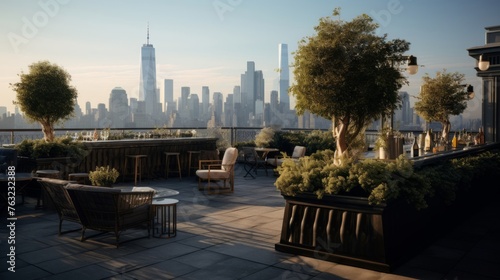 Rooftop bar in 1920s style plush seating and panoramic city views