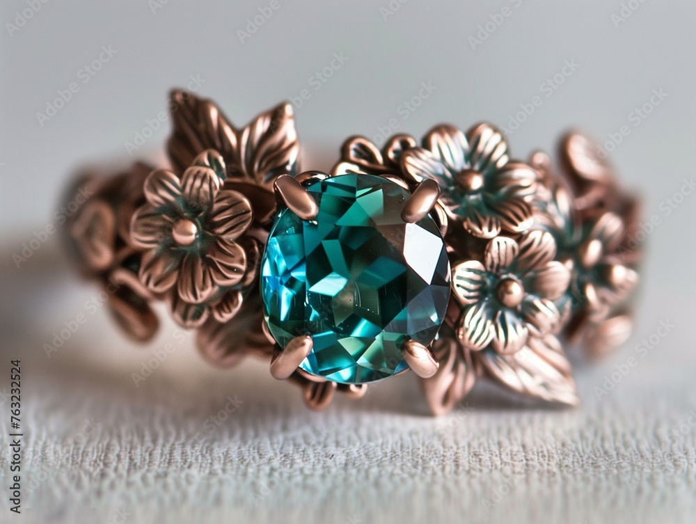Fototapeta premium A copper and teal blue ring with leaves vines flowers. Green emerald fashion engagement diamond ring. Luxury female jewellery, close-up. Selective focus