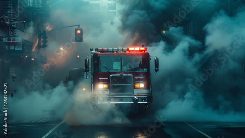 Fire truck emerges through billowing smoke on misty urban streets.
