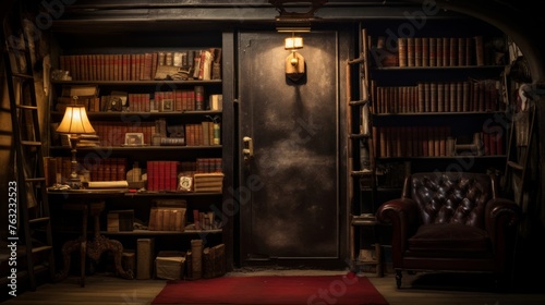 Hidden 1920s speakeasy entrance access through bookshelf