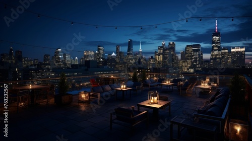 1920s stylish rooftop bar with jazz music and city views