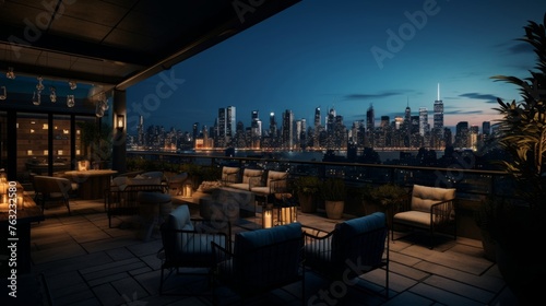 Panoramic skyline from 1920s rooftop bar jazz ambiance