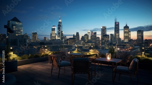 1920s rooftop bar setting city skyline and plush seating
