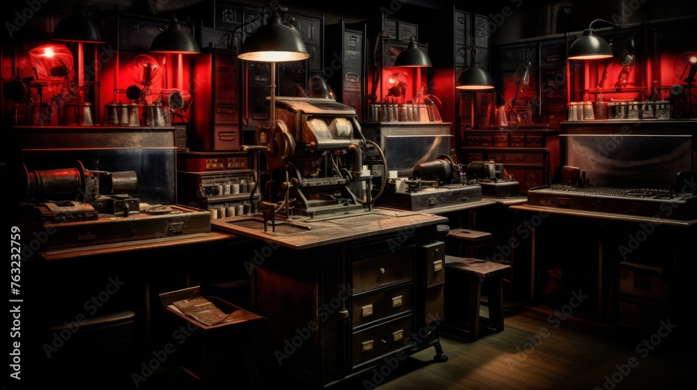 Photographer's 1920s darkroom developing photographs red light Photographer's 1920s darkroom developing photographs red light