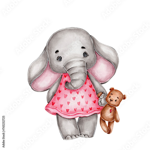 Cute elephant girl with teddy bear  watercolor hand drawn illustration © Нина Новикова