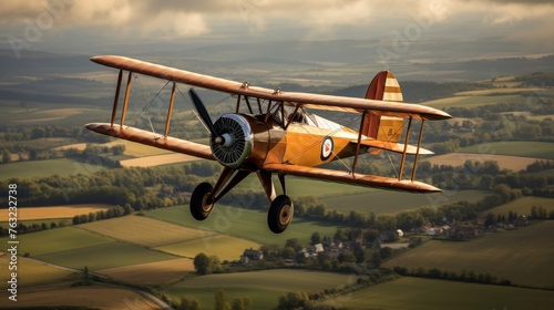 Daredevil pilot in 1920s biplane countryside aerial stunts showcased