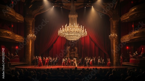 1920s opera house red curtains chandelier performers on stage