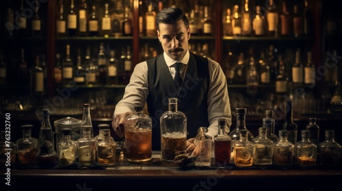 1920s speakeasy bartender mixes cocktails vintage spirits patrons