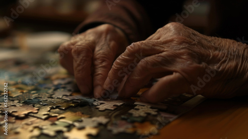 Elderly hands meticulously assembling puzzle pieces.