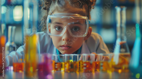 Concentrated young scientist examining chemical solutions in test tubes in a laboratory.