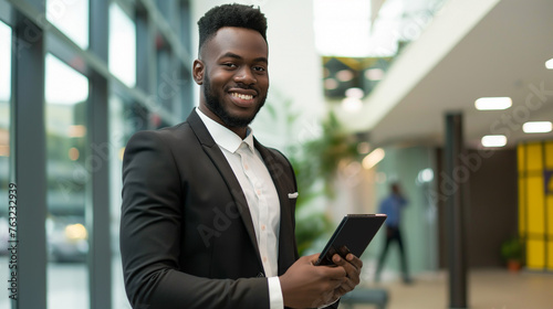 smiling businessman in modern office using a tablet, portrait of a black businessman 