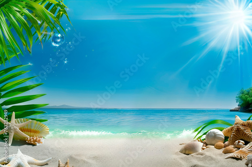 Copy Space, Background, Summer, Sunlight filters through palm fronds onto a sandy beach with sparkling sea accents, inviting serene contemplation