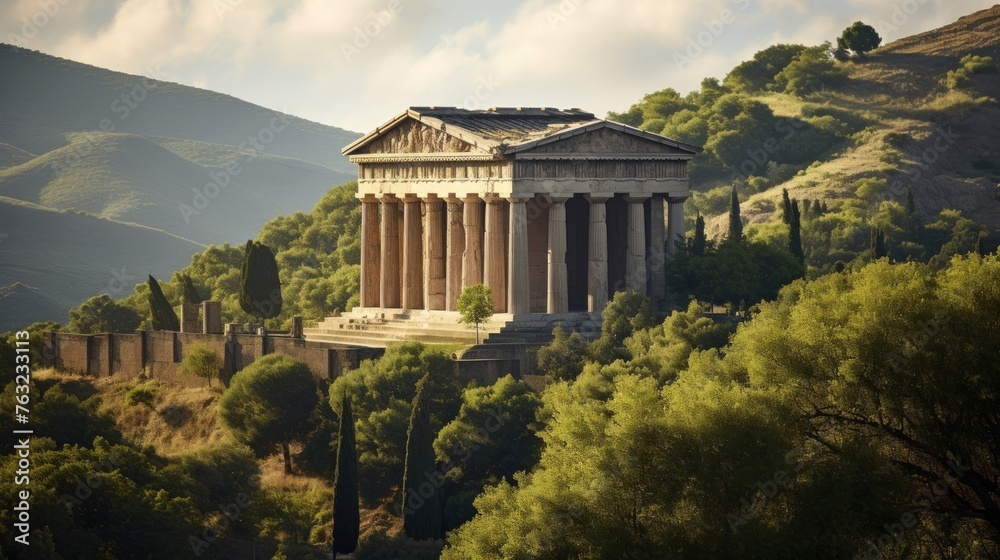 Obraz premium Ancient Greek temple on lush hillside Doric columns intricate friezes