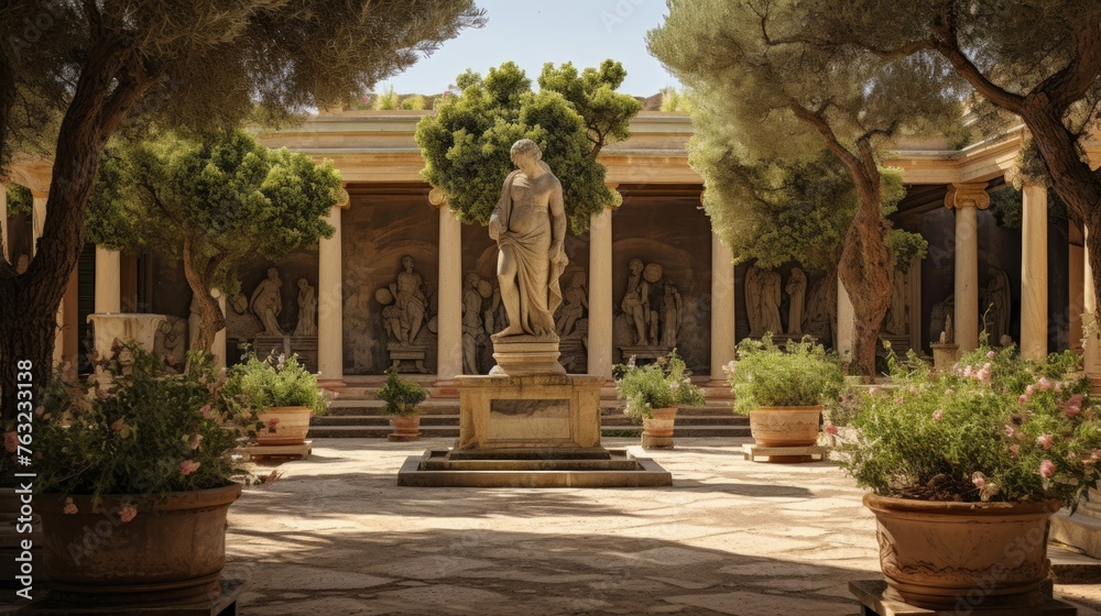 Serene Greek temple courtyard mythological statues olive trees