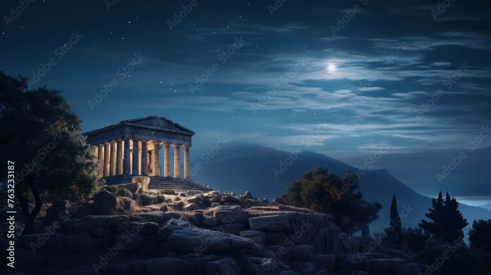 Lone figure gazes at starry sky from moonlit Greek temple entrance