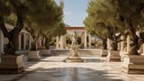 Greek temple's tranquil courtyard deity statues flowering olives