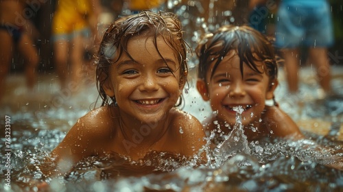 kids happily playing  at summer under the pouring rain