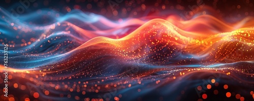 Abstract futuristic background with glowing lines and wavy shapes, creating an atmosphere of speed and motion. The colors include blue, orange, red, and black, providing a dynamic visual effect