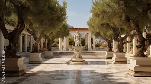 Greek temple's tranquil courtyard deity statues flowering olives