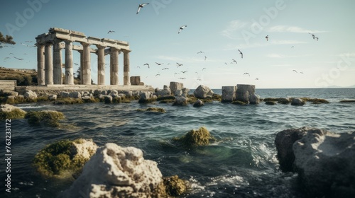 Ionic columns of submerged Greek temple ruins by sea gulls overhead photo