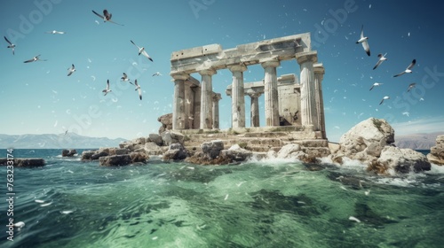 Greek temple ruins by sea Ionic columns in clear waters seagulls photo