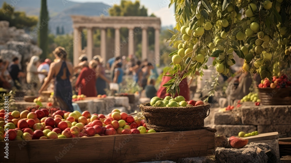 Greek temple festival joyful with dancers offerings and fruits