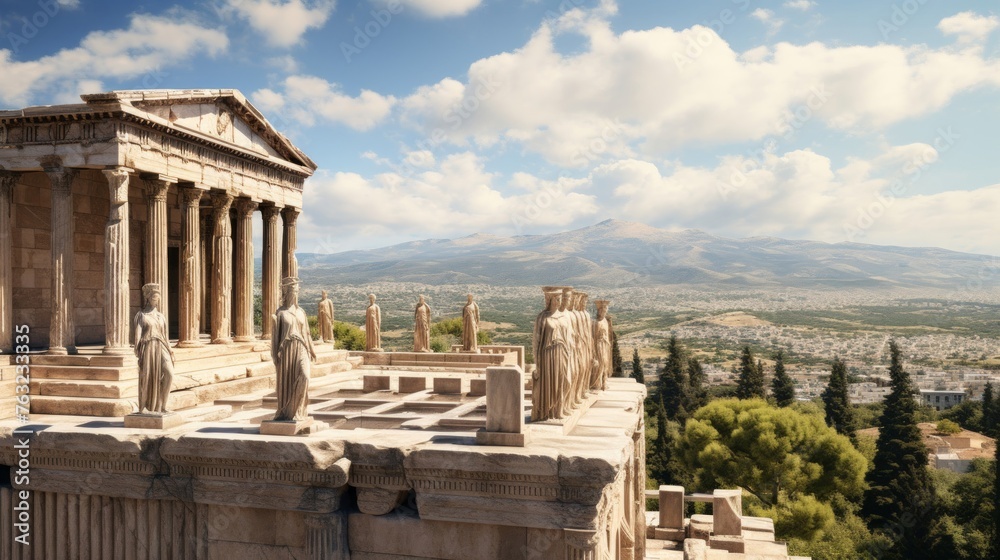 Fototapeta premium Panoramic vistas from Greek temple's adorned rooftop ornate statues