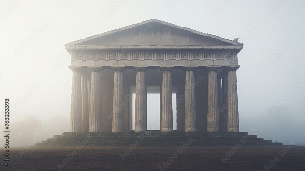 Obraz premium Morning fog engulfs Greek temple creating a mystical scene