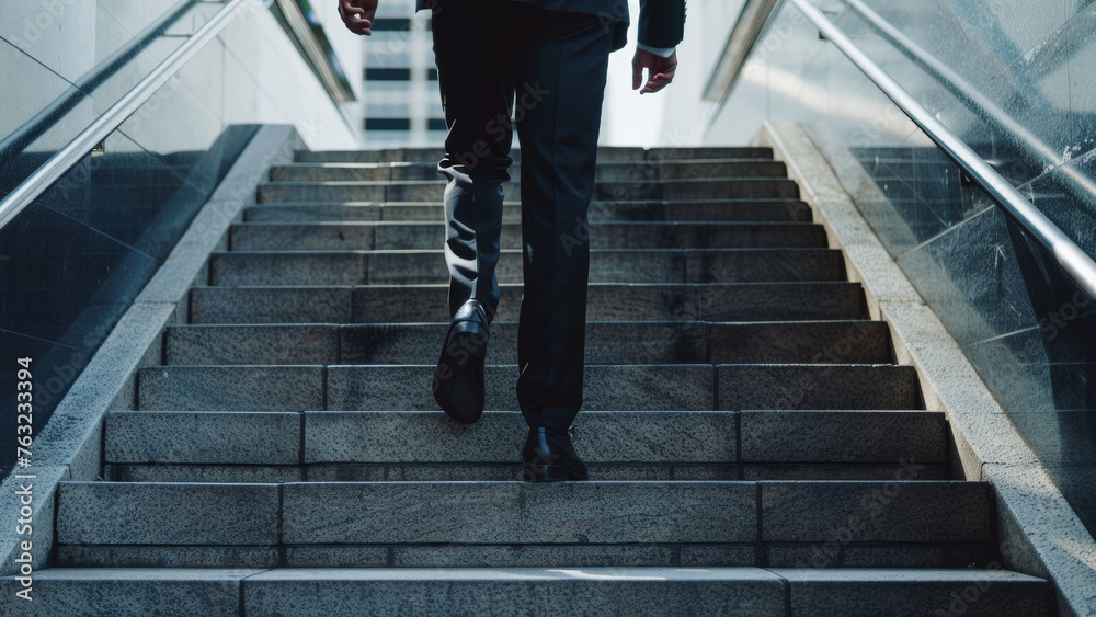 Cutting-edge prosthetic leg visible on businessman climbing stairs. Cutting-edge prosthetic leg visible on businessman climbing stairs.