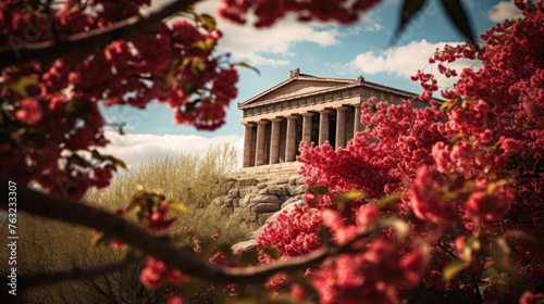 Ancient Greek temple amid vibrant spring flowers and vines adorn photo