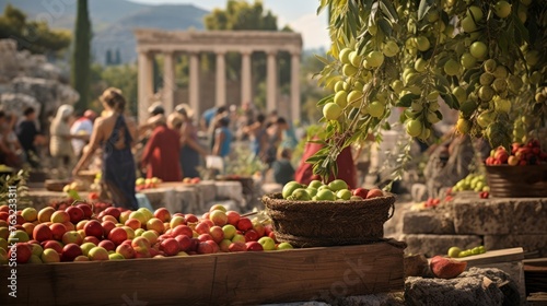 Greek temple festival joyful with dancers offerings and fruits