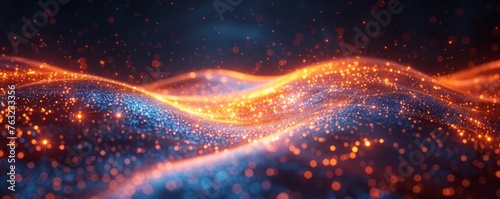 Abstract futuristic background with glowing lines and wavy shapes  creating an atmosphere of speed and motion. The colors include blue  orange  red  and black  providing a dynamic visual effect