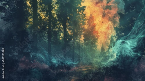 Mystical forest with vibrant colors and light effects © iVGraphic
