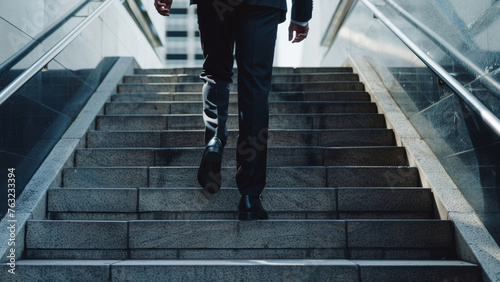 Cutting-edge prosthetic leg visible on businessman climbing stairs.
