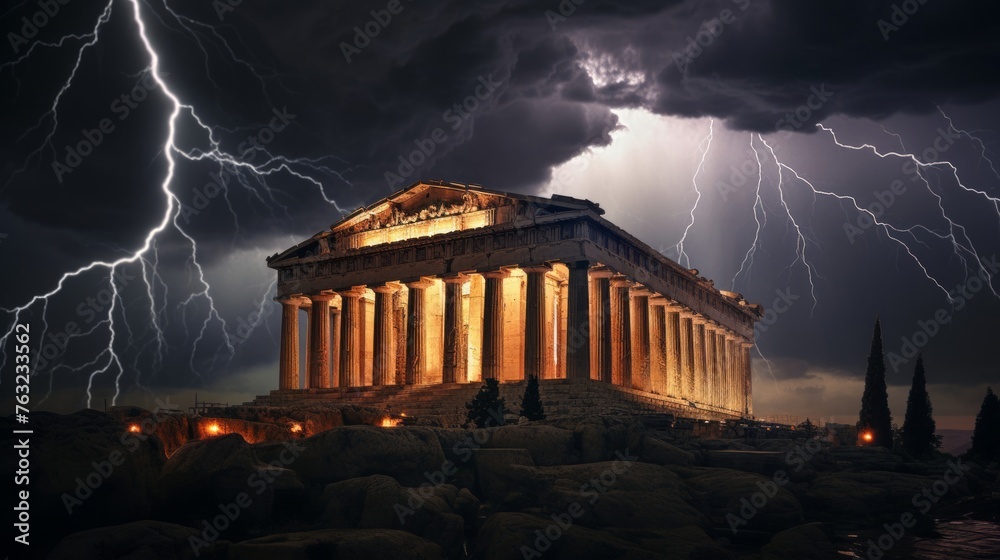 Naklejka premium Dramatic thunderstorm at Greek temple lightning highlights details