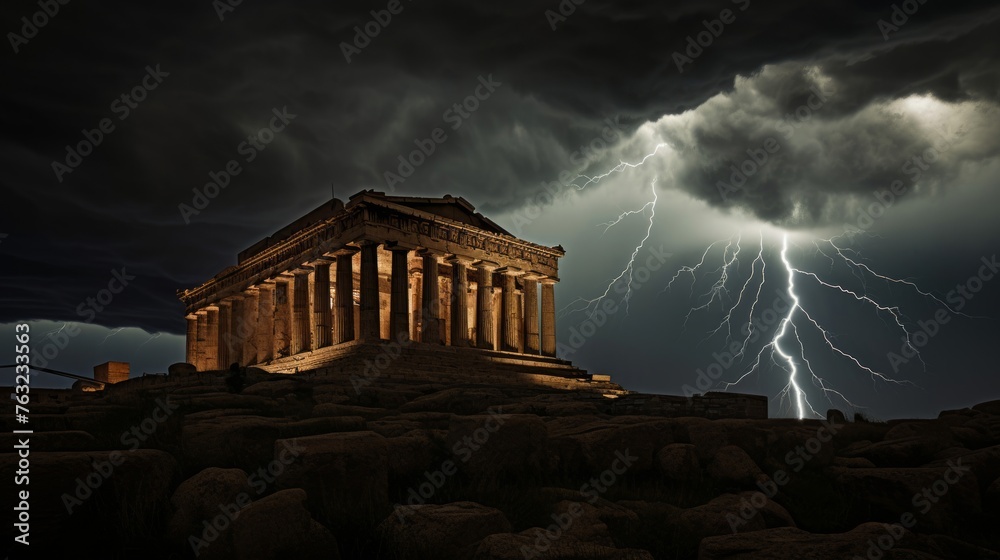 Lightning bolts illuminate Greek temple against dark stormy sky