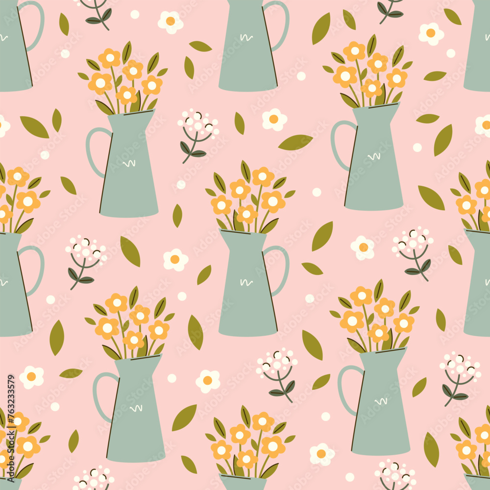 Seamless vector pattern with abstract flowers in a jug. Hand drawn bouquet in flat style with line details on pink background. Country floral wallpaper, wrapping paper - obrazy, fototapety, plakaty 