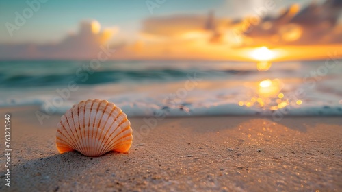 A single seashell on sandy shore at sunset suitable for various design purposes like postcards or banners. Concept Seashells, Sandy Shore, Sunset, Design Purposes, Postcards, Banners