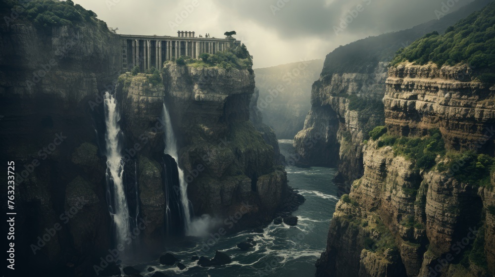 Fototapeta premium Cliff-edge Greek temple waterfall plunges into abyss majestic nature