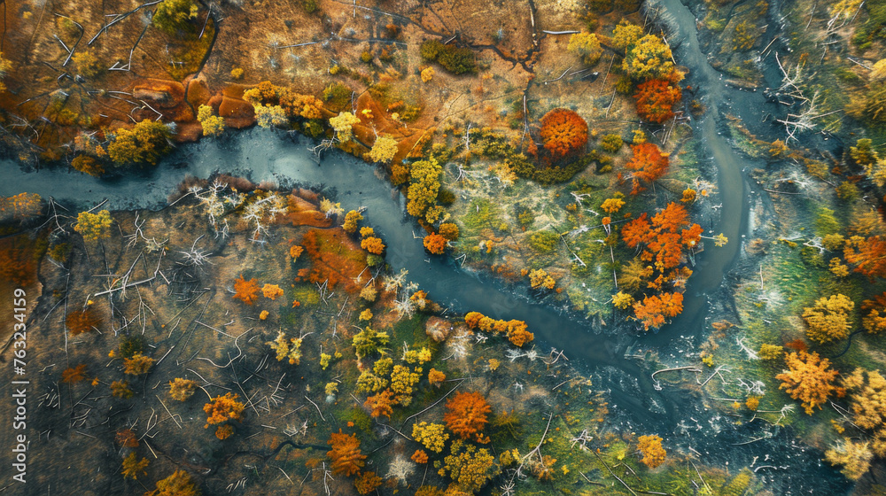 A bird's-eye view captures the contrasting autumn colors along the meandering path of a river.